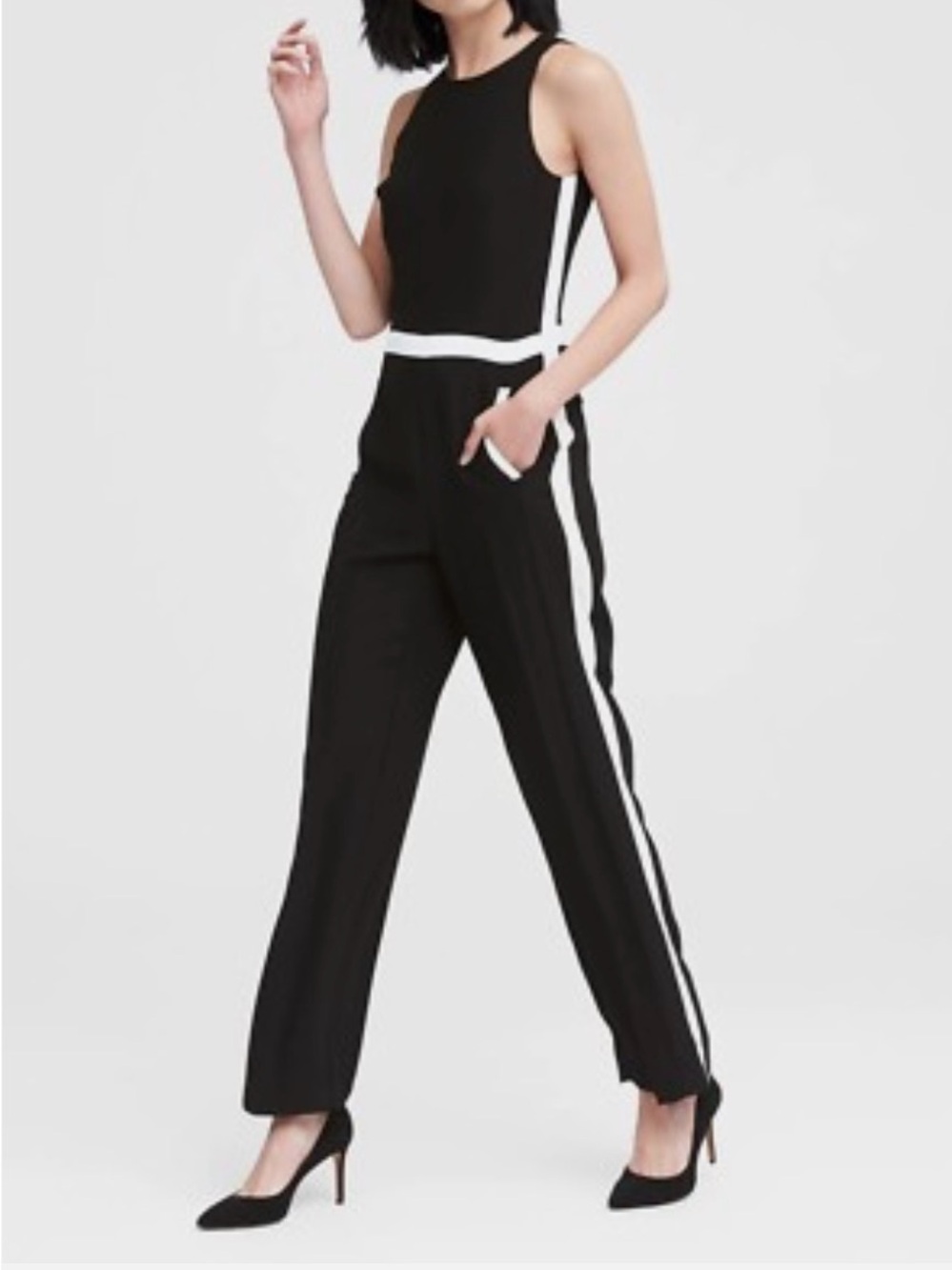 Banana Republic Black and White Sleeveless Jumpsuit with Side Stripe